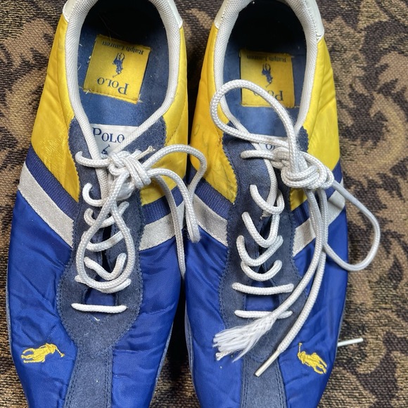 Vtg 90s Polo Ralph Lauren Nylon Suede Mens Shoes Size 13 Blue Yellow Thin - Picture 3 of 10